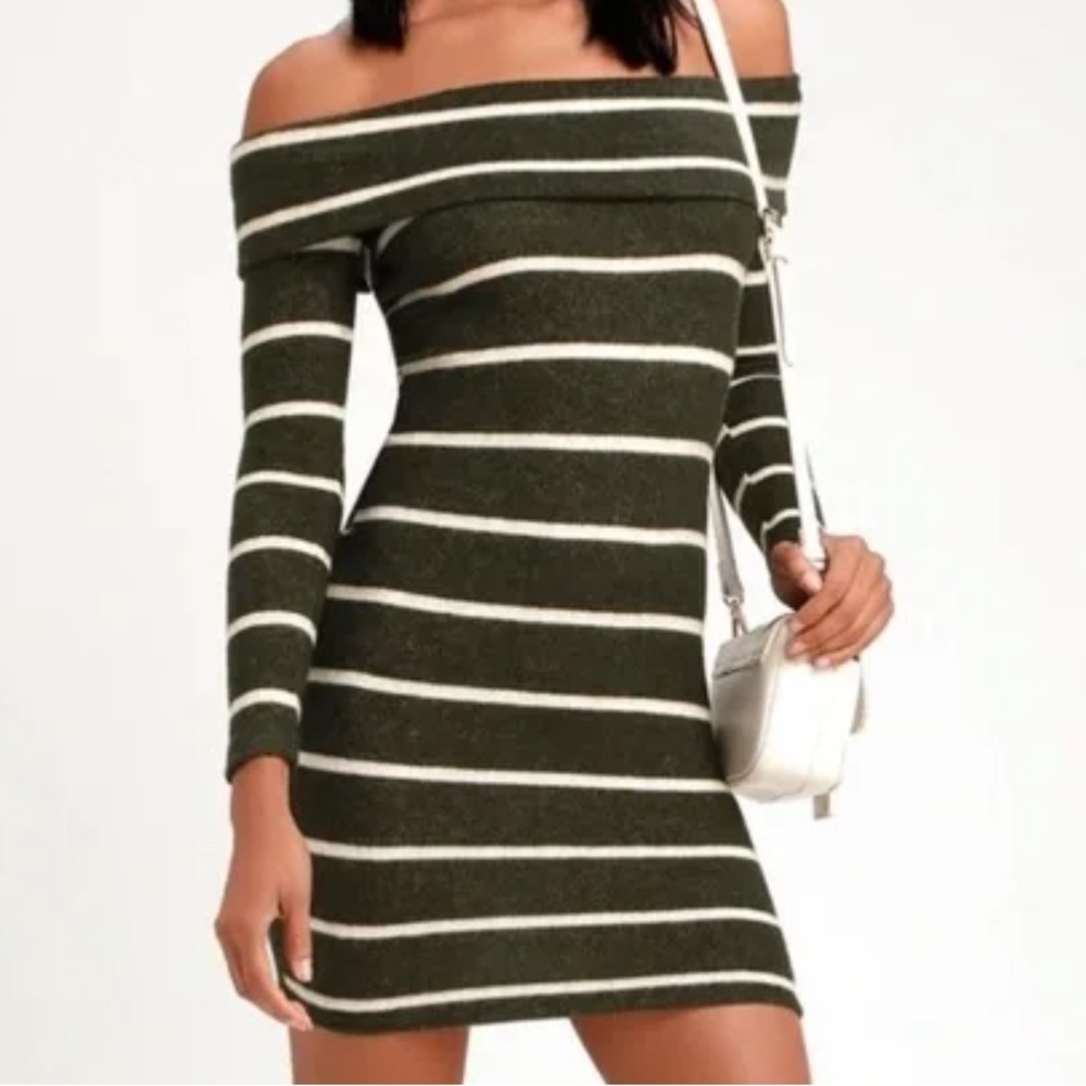 Lulu's Olive and Cream Striped Sweater Mini Dress